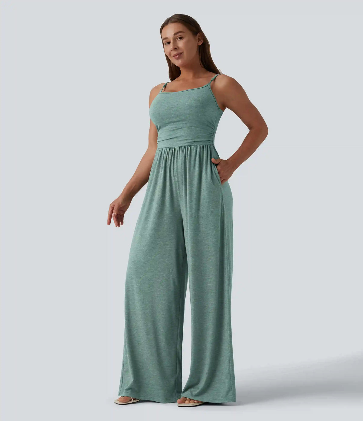 Adjustable Straps Ruched Wide Leg Heathered Casual Jumpsuit with Pockets-Easy Peezy