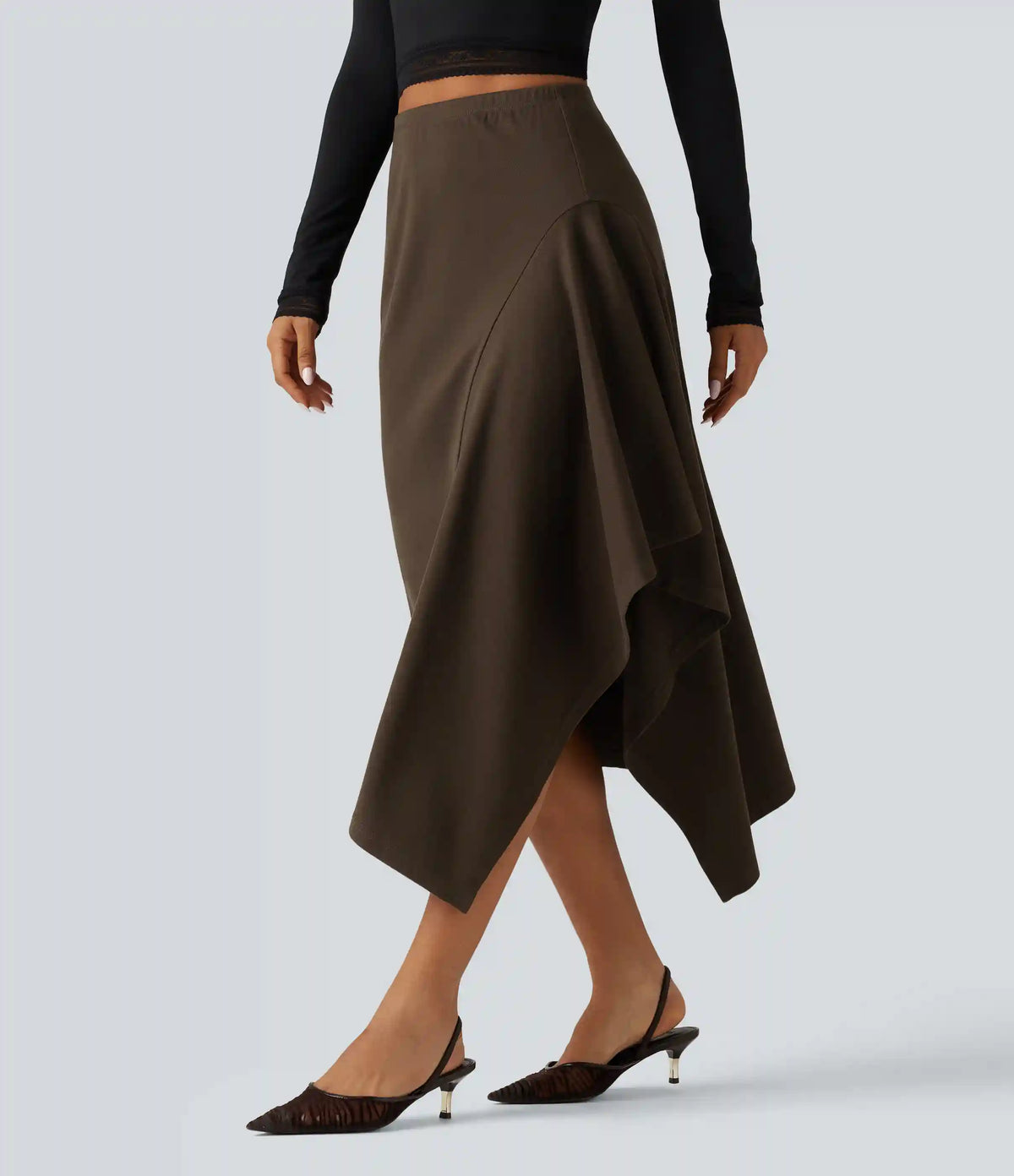 High Waisted A-Line Asymmetric Hem Midi Casual Skirt