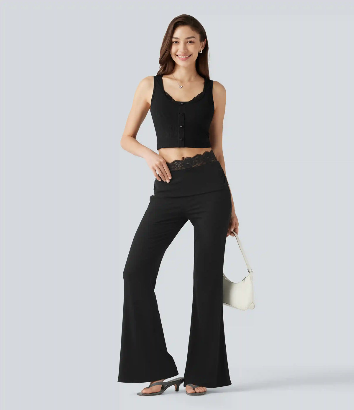 High Stretch Ribbed Knit Square Neck Contrast Lace Casual Tank Top
