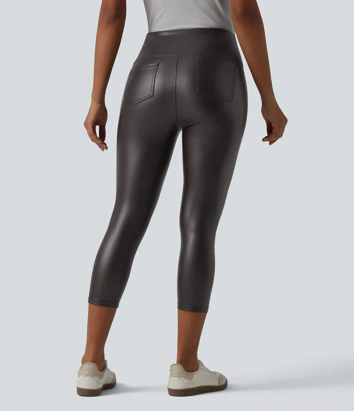 High Waisted Tummy Control Stretchy PU Casual Capri Leggings with Pockets