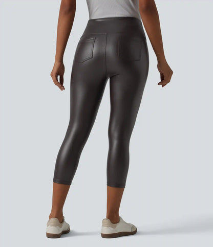 High Waisted Tummy Control Stretchy PU Casual Capri Leggings with Pockets