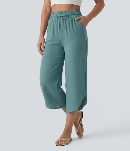 High Waisted Drawstring Curved Hem Cropped Casual Linen-Feel Pants with Pockets