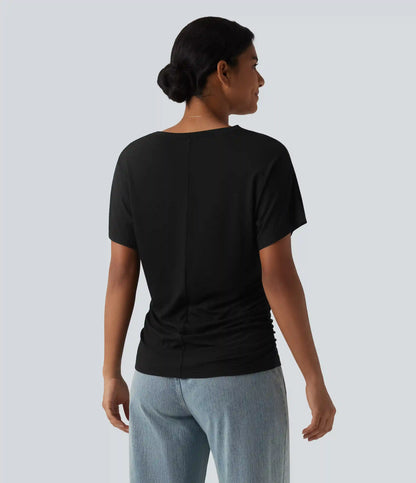 V-neck Short Sleeve Ruched Plain Casual T-Shirt
