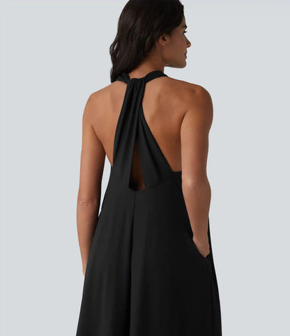 V Neck Midi Casual Dress with Pockets