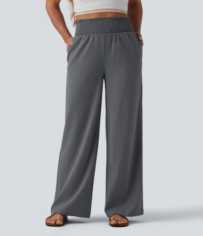 Shirred High Waisted Linen-Feel Casual Wide Leg Pants with Pockets