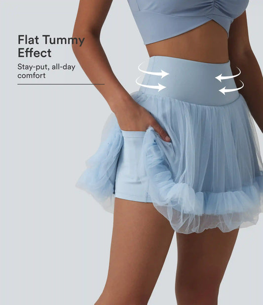 High Waisted Tummy Control Contrast Mesh 2-in-1 Mini Workout Skirt with Pockets