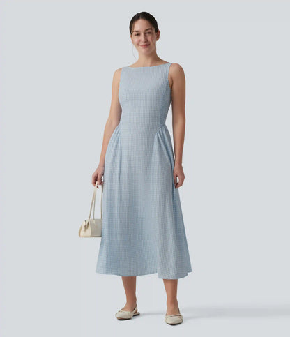 Boat Neck Sleeveless Plaid Flowy Maxi Casual Linen-Feel Dress with Pockets