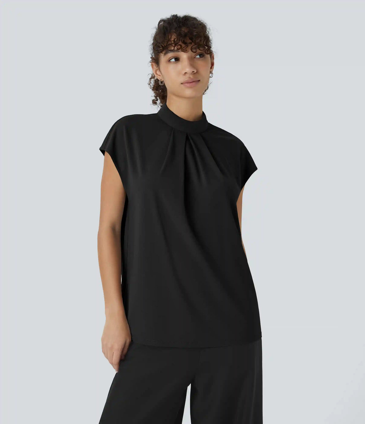 Stand Collar Back Cap Sleeve Work Blouse
