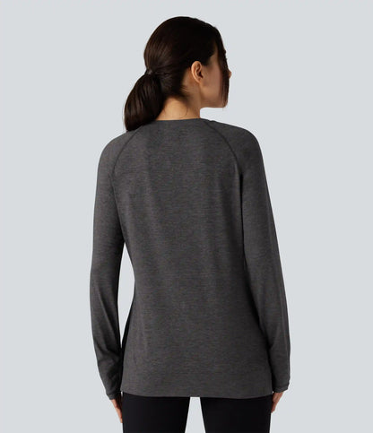 Skin Friendly Round Neck Raglan Long Sleeve Split Hem Casual T-Shirt