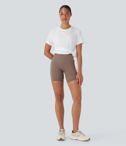 Round Neck Short Sleeve Tie Side Yoga Sports Top