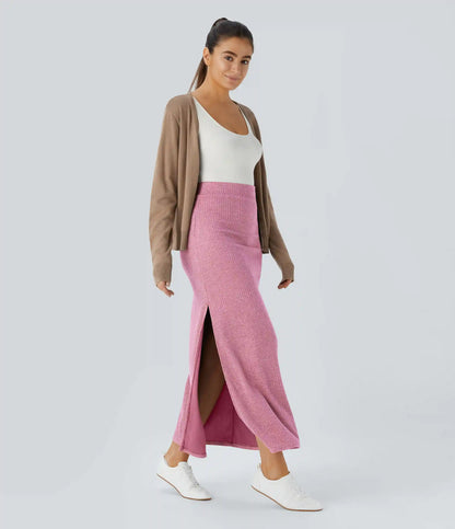 Ribbed High Waisted Hem A Line Maxi Casual Skirt