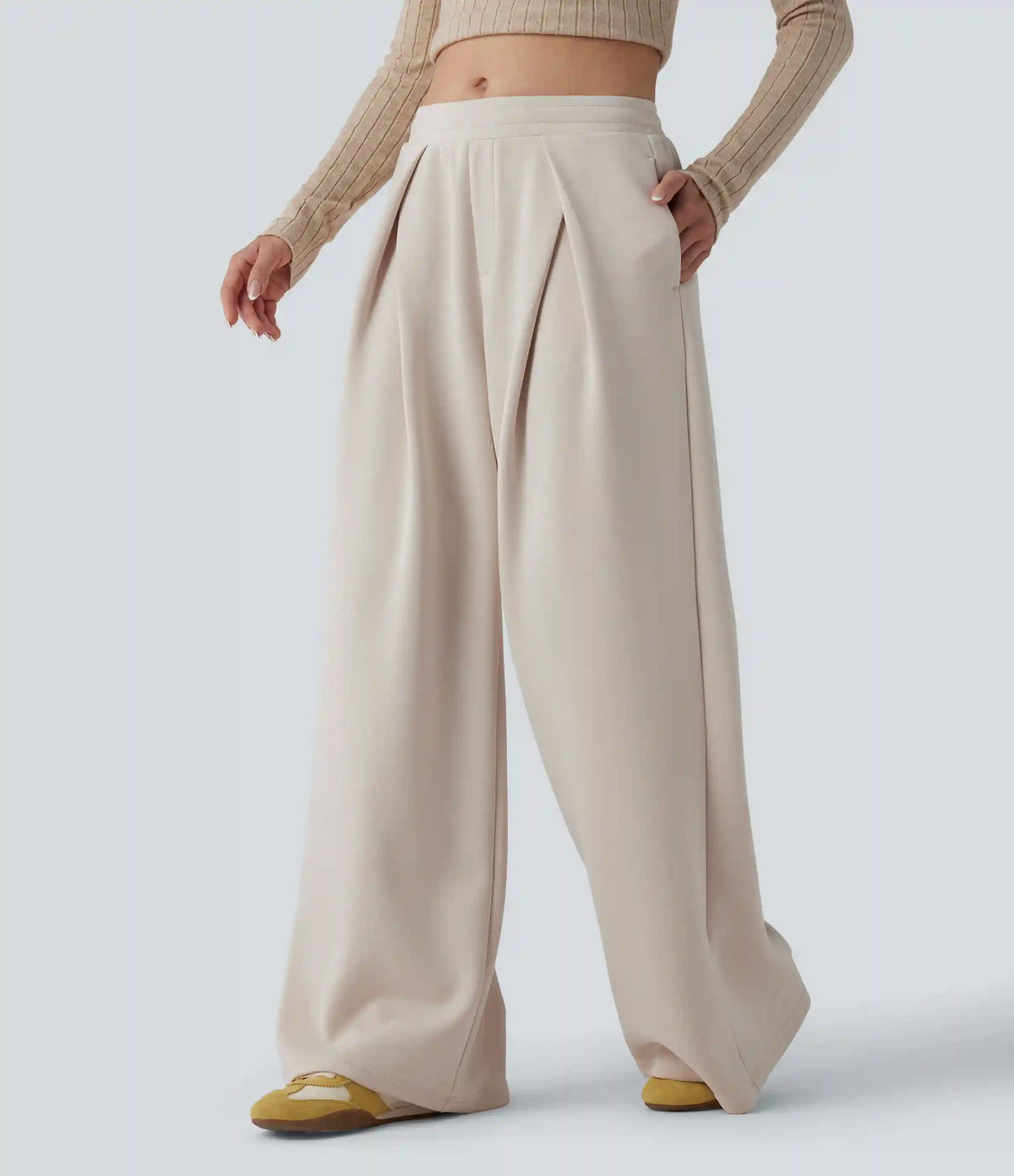 SpacerTek™ Mid Rise Drawstring Crossover Casual Baggy Pants with Pockets