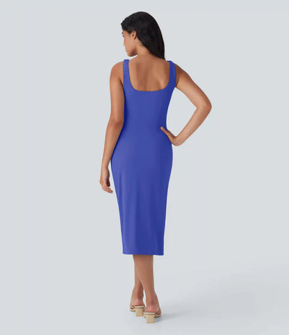 SoftlyZero™ Airy Square Neck Corset Ruched Bodycon Midi InstantCool Dress DD-F Cups