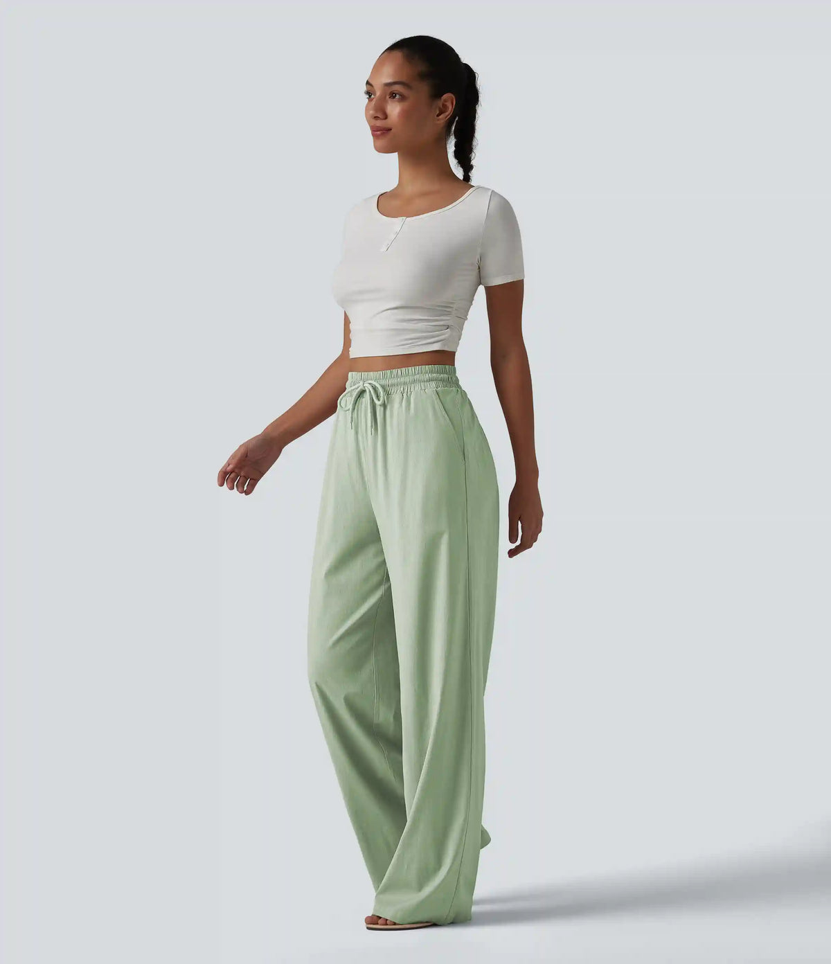 High Waisted Drawstring Wide Leg Baggy Casual Stretch Linen Pants with Pockets