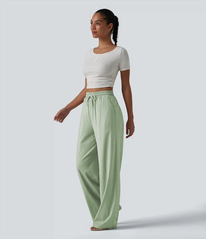 High Waisted Drawstring Wide Leg Baggy Casual Stretch Linen Pants with Pockets