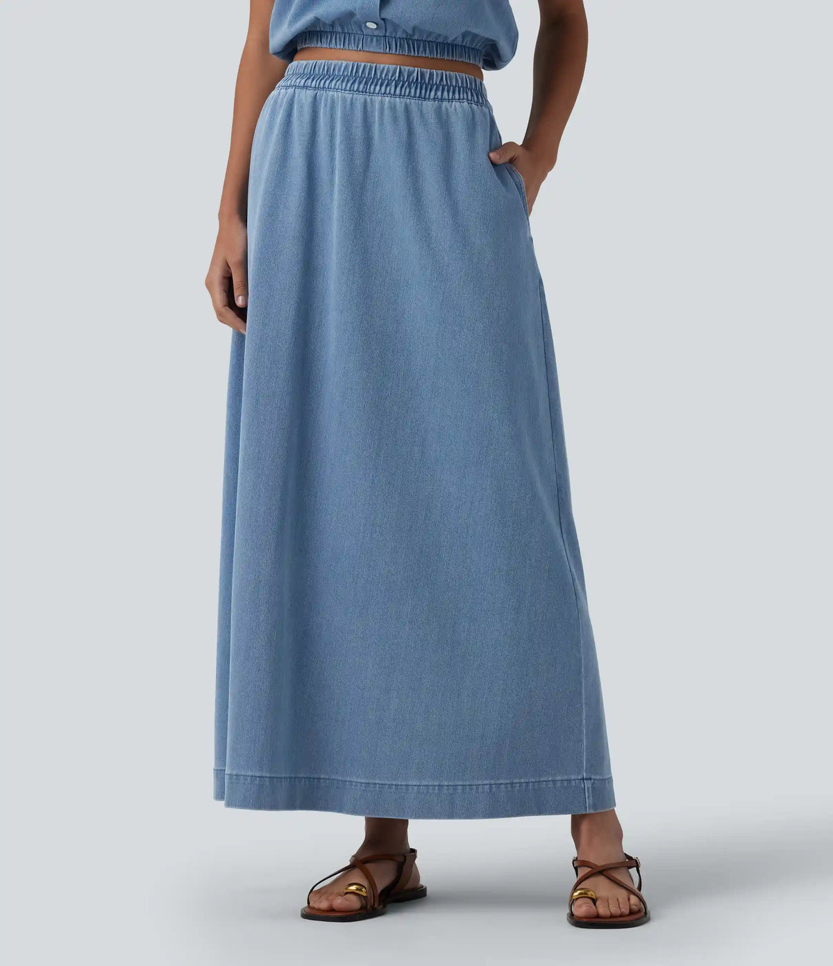 Halara Flex™ High Waisted A-Line Denim Maxi Casual Skirt with Pockets