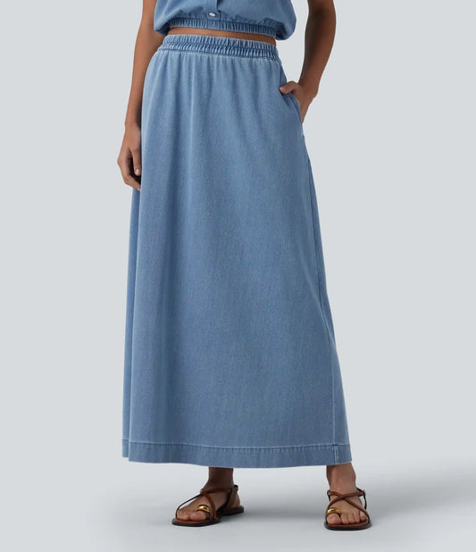 Halara Flex™ High Waisted A-Line Denim Maxi Casual Skirt with Pockets