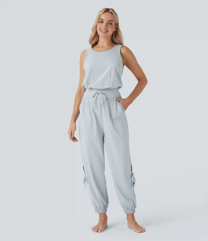 Sleeveless Cut Out Drawstring Pocket InstantCool Yoga Jumpsuit-UPF50+