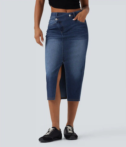 Halara Flex™ Asymmetric Mid Rise Split Bodycon Denim Casual Skirt with Pockets