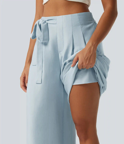 High Waisted 2-in-1 Tie Side Baggy Pants with Pockets