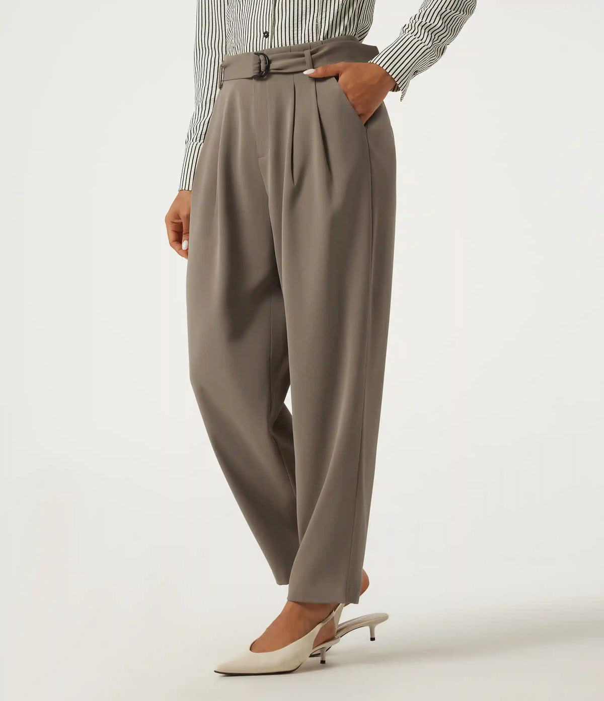 High Waisted Belted Tapered Work Pants with Pockets