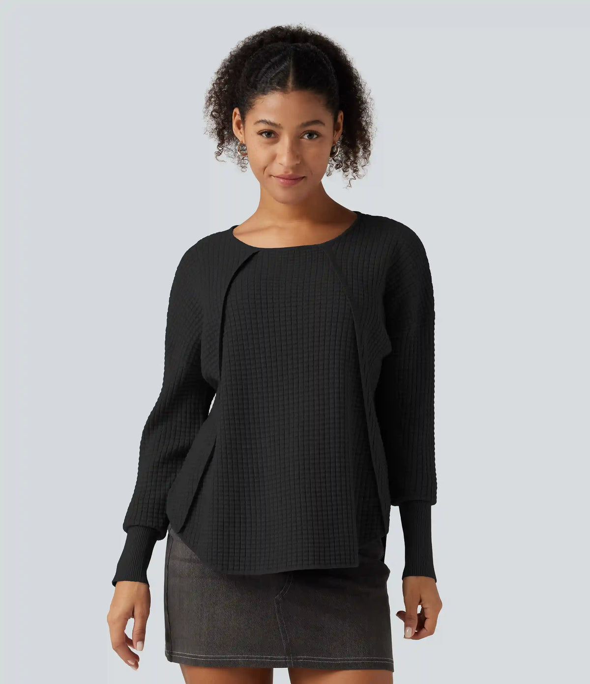 Round Neck Bishop Long Sleeve Curved Hem Casual Sweater