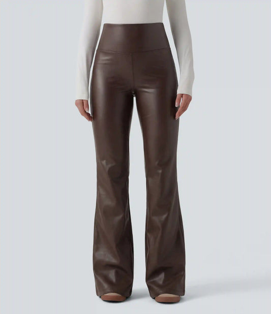 High Waisted Tummy Control Stretchy PU Fleece Flare Casual Pants with Pockets