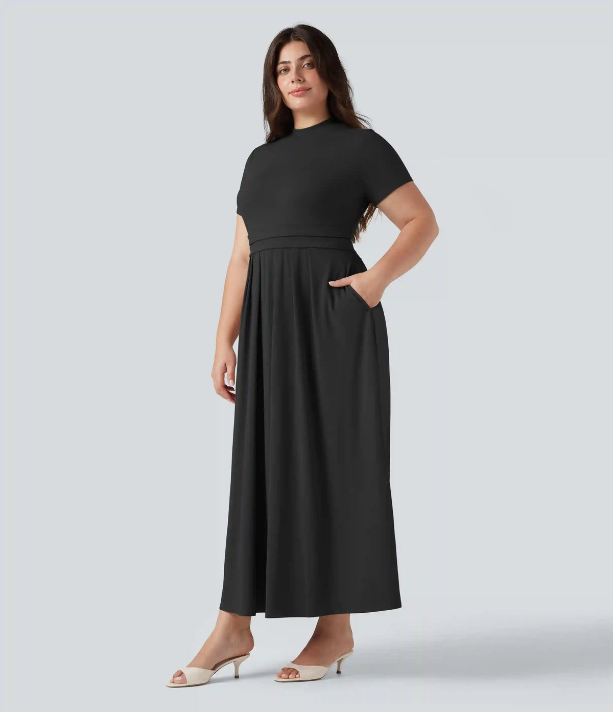 Plus Size Stand Collar Short Sleeve Flare Maxi Casual Dress with Pockets