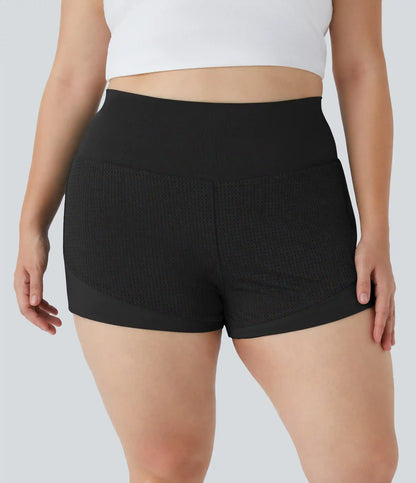 High Waisted Back Waistband Pocket 2-in-1 Yoga Plus Size Shorts