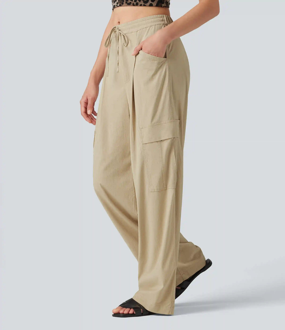 Mid Rise Drawstring Straight Leg Casual Stretch Linen Cargo Pants with Pockets