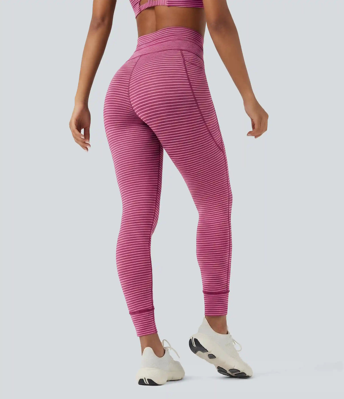 High Waisted Drawstring Striped Yoga Leggings with Pockets