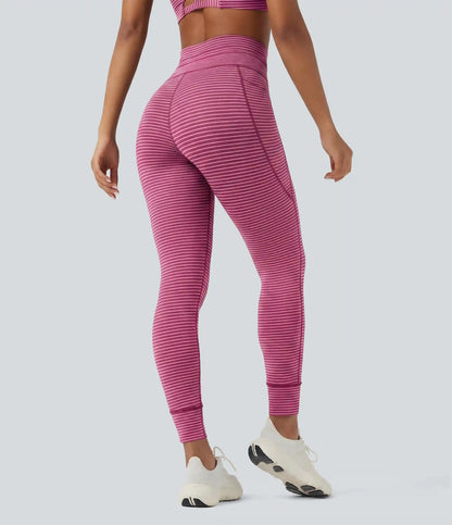 High Waisted Drawstring Striped Yoga Leggings with Pockets