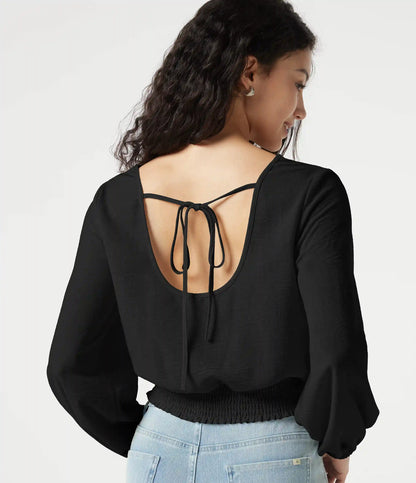 Square Neck Tie-back Bishop Sleeve Lace Panel Shirred Casual Linen-Feel Blouse