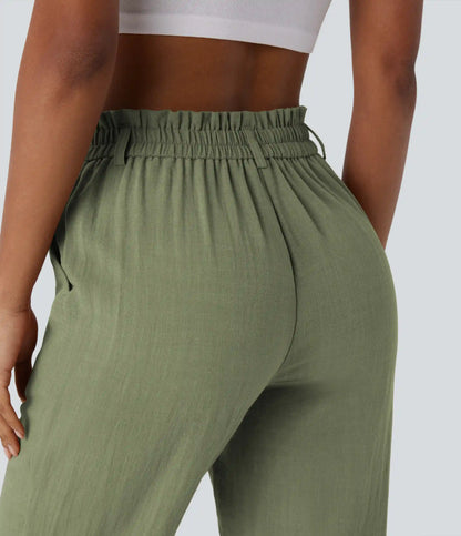 High Waisted Zipper Pocket Cropped Linen-Feel Pants