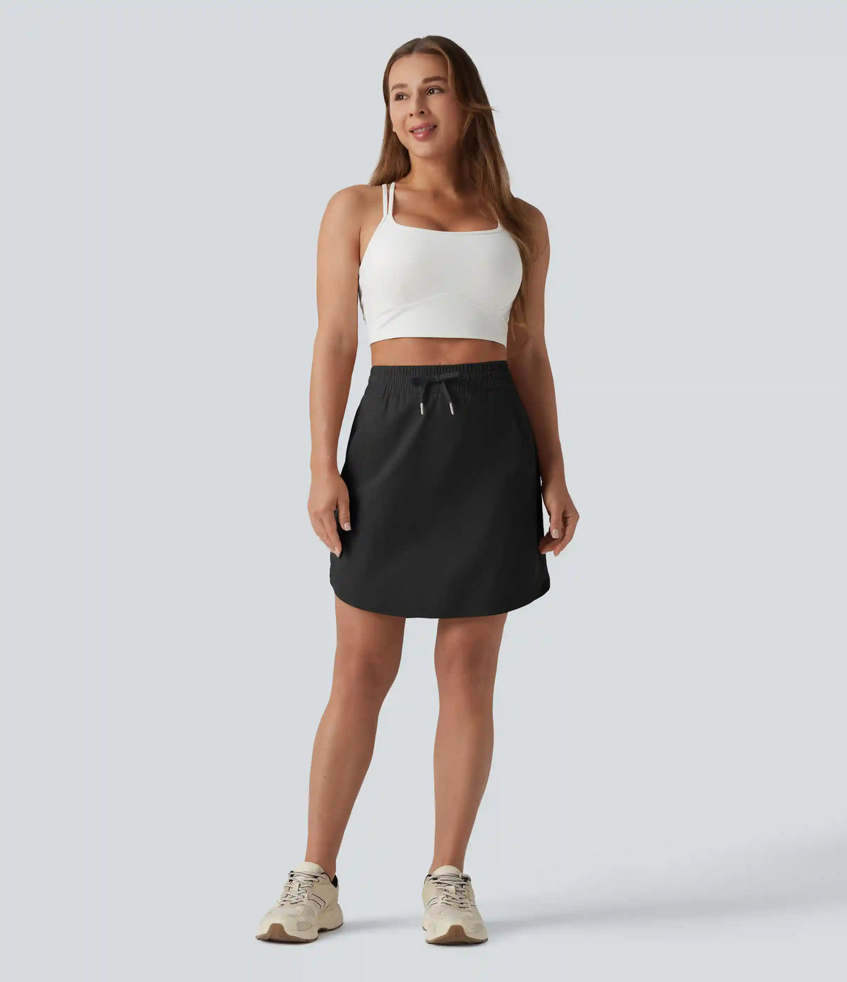 High Waisted Drawstring 2-in-1 Curved Hem Mini Golf Skirt with Pockets-Longer Length