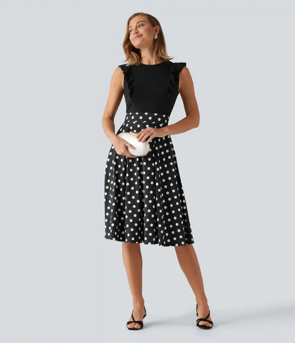 Round Neck Ruffle Sleeveless A-Line Color Block Midi Party Dress with Pockets