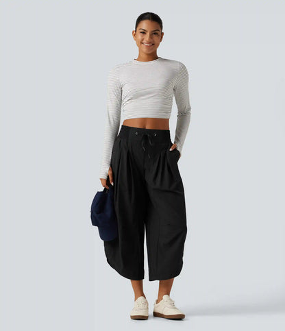 Mid Rise Barrel Leg Shirred Drawstring Curved Hem Yoga Pants with Pockets