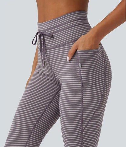 High Waisted Drawstring Striped Yoga Leggings with Pockets