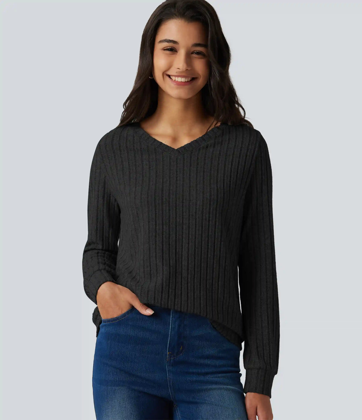 Ribbed Knit V Neck Long Sleeve Casual T-Shirt