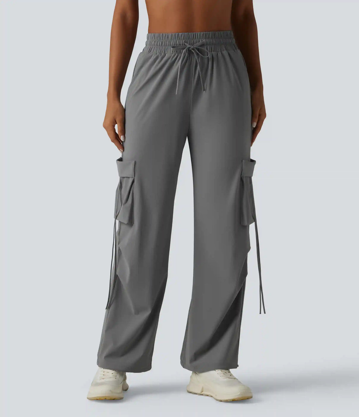 High Waisted Drawstring Wide Leg Quick Dry InstantCool Workout Cargo Pants with Pockets-UPF40+
