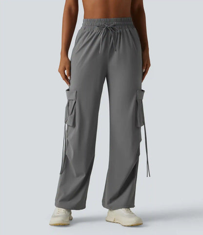 High Waisted Drawstring Wide Leg Quick Dry InstantCool Workout Cargo Pants with Pockets-UPF40+