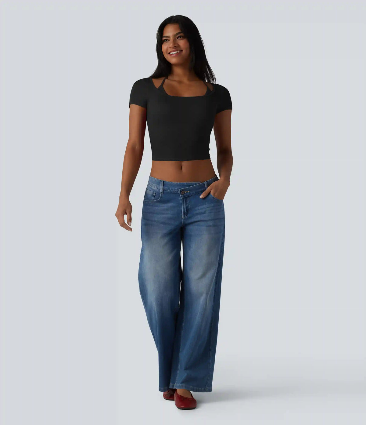 Ribbed Halter Tie Back Built-in Bra Short Sleeve Cropped Casual T-Shirt