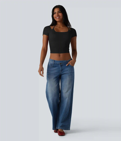 Ribbed Halter Tie Back Built-in Bra Short Sleeve Cropped Casual T-Shirt