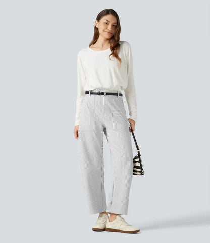 High Waisted Barrel Leg Stripe Casual Pants with Pockets