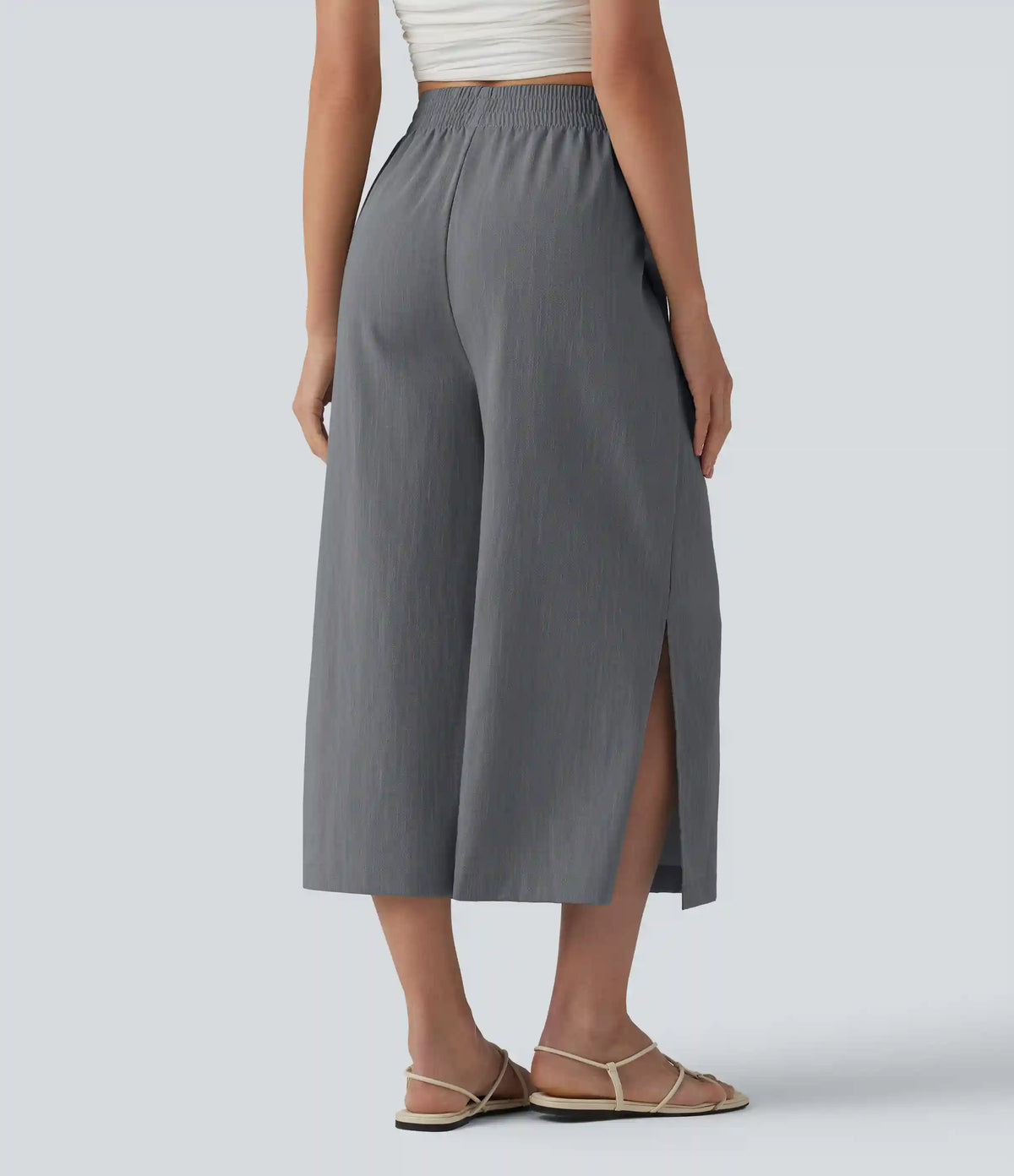 High Waisted Split Linen-Feel Casual Cropped Baggy Pants with Pockets