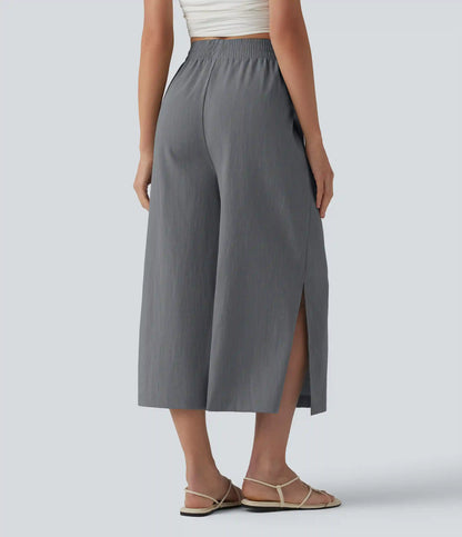 High Waisted Split Linen-Feel Casual Cropped Baggy Pants with Pockets