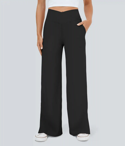 DayStretch Crossover Pocket Hem Wide Leg Yoga Pants-Smile