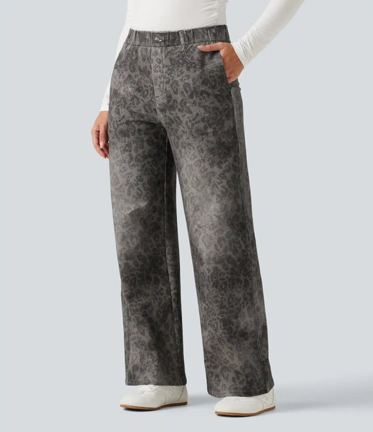 Mid Rise Wide Leg Leopard Denim Print French Terry Casual Sweatpants Jeans with Pockets