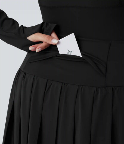 Breezeful™ High Waisted Pleated 2-in-1 Contrast Mesh Quick Dry Dance Plus Size Stirrup Skirted Leggings with Pockets