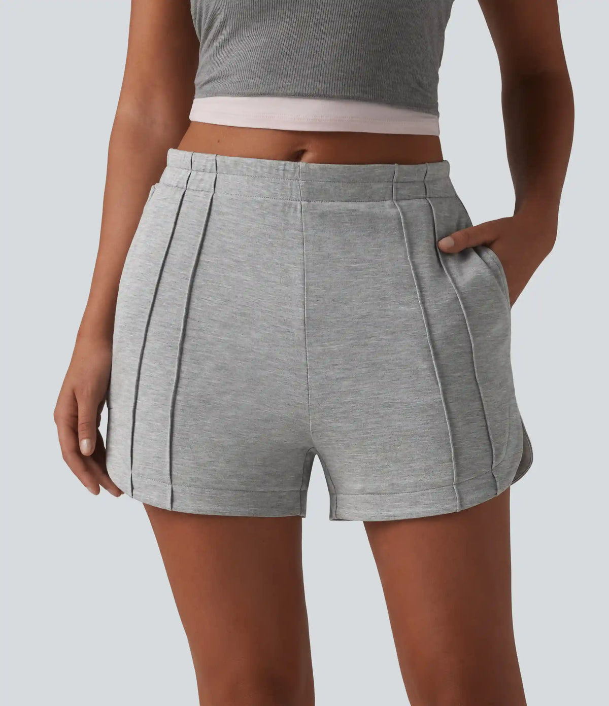 Mid Rise Pintuck Curved Hem Casual Shorts 3'' with Pockets